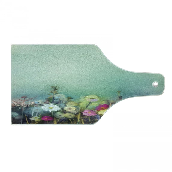 Flower Cutting Board, Poppy Daisy Chamomile Patterns in Meadow Wilderness Feminine Themed Art Rural Print, Tempered Glass Cutting and Serving Board, Wine Bottle Shape, Multicolor, by Ambesonne