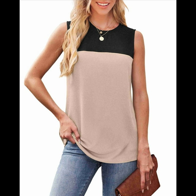 Camiseta Sin Mangas Informal de Verano con Cuello Redondo y Bloques de Color para Mujer, Color Negro y Albaricoque, Talla XXL