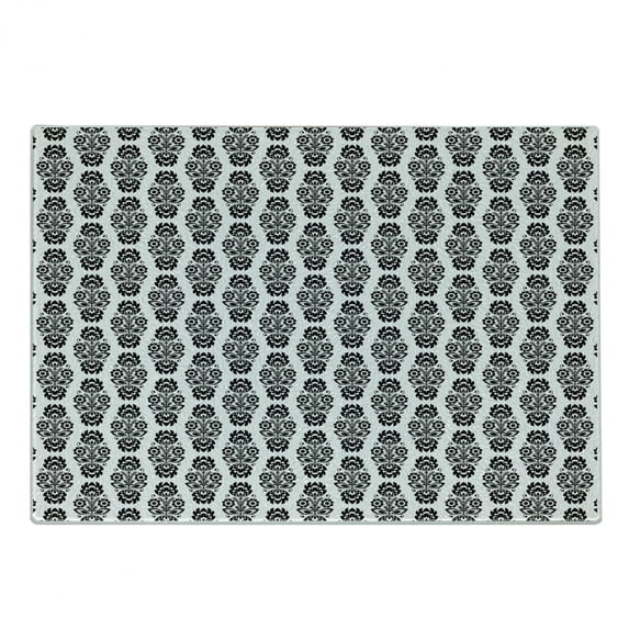 Polish Folk Art Cutting Board, Repetitive Pattern of Monochrome Traditional European Floral Motif, Decorative Tempered Glass Cutting and Serving Board, in 3 Sizes, by Ambesonne