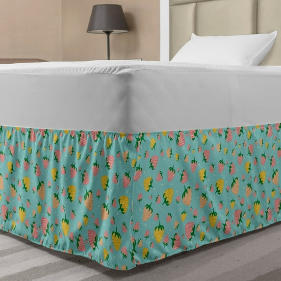 Strawberry Bed Skirt, Illustration of Fruits on a Spotted Background, Elastic Bedskirt Dust Ruffle Wrap Around for Bedding Decor, 4 Sizes, Seafoam Multicolor, by Ambesonne