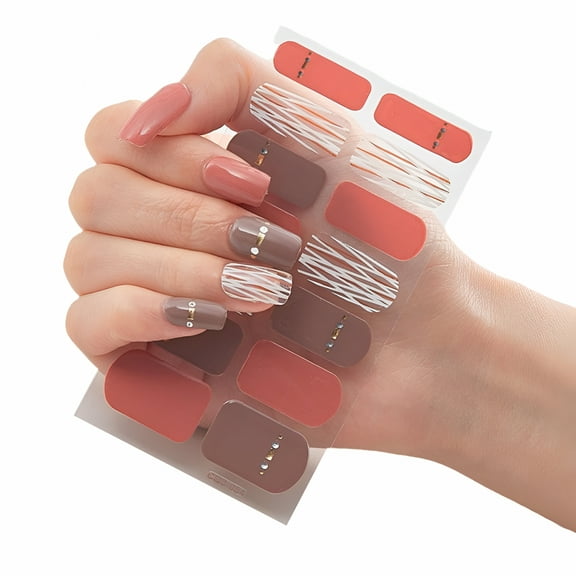 RAGUPEL 14Pcs/Set Semi Cured Gel Nail Art Stickers UV Lamp Required Full Wraps