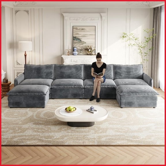 Corduroy 4-Seater U-Shaped Comfy Living Room Sofa