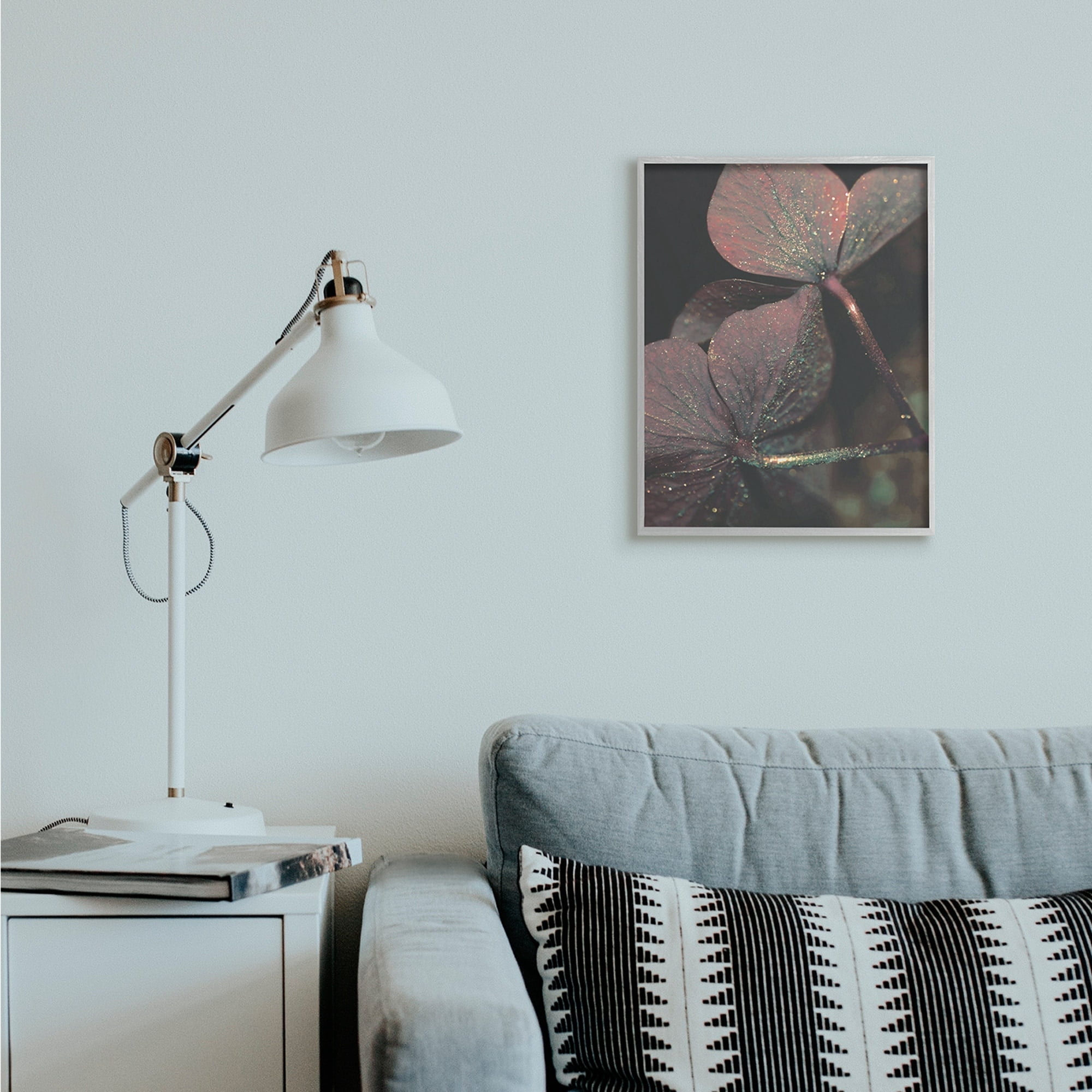 Stupell Industries Red Sparkle Petals Warm Tone Clover Detail Gray Framed by Daphne Polselli