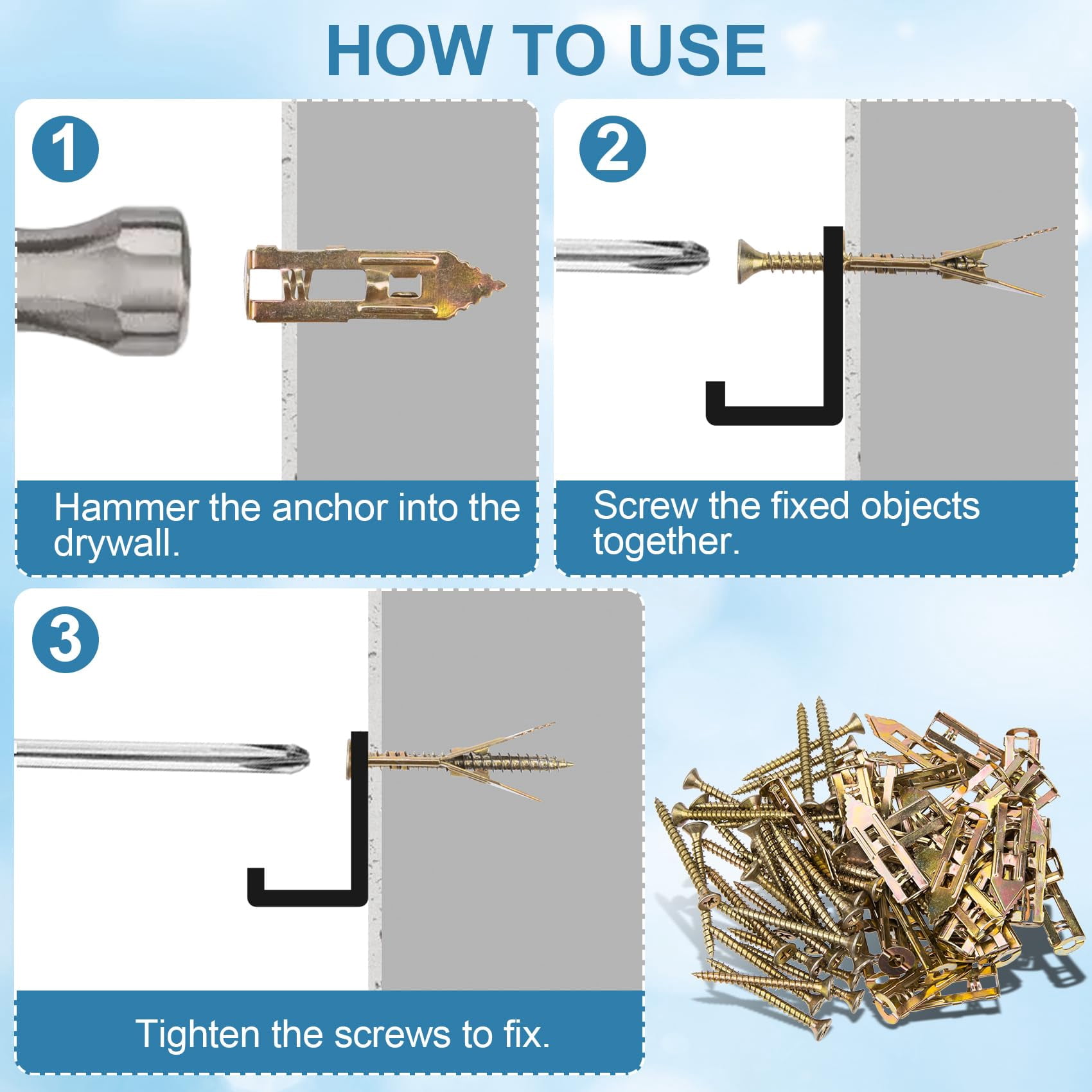 80pcs Self-Drilling Drywall Anchors, Heavy Duty Screws and Anchors Kits, Metal Drywall Anchors for Picture Frames Curtains TV Shelves- Gold (No Drill and Holes in Wall, 40 Sets)