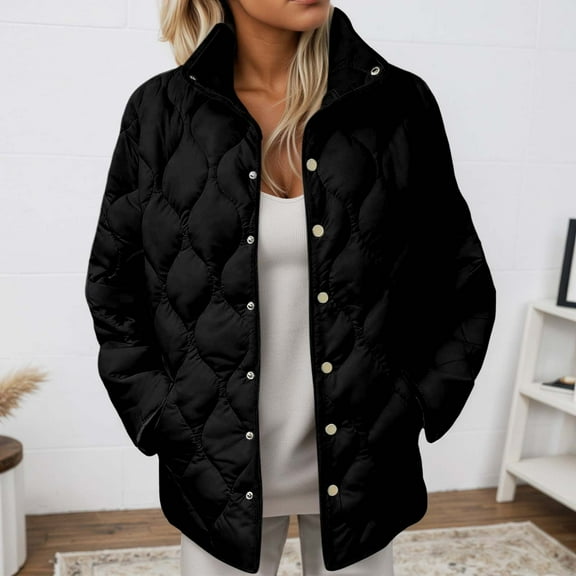 Huowey Womens Winter Jacket Stand Collar Long Sleeve Button Down Plus Size Lightweight Quilted Puffer Coats Loose Fit Comfortable Warm Thick Outerwear,Black,L