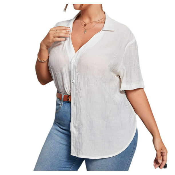 Machtig kraai Vrouw Casual Women's Plus Solid Color Short Sleeve Blouses Button Down Shirts 2XL(16)  White - Walmart.com