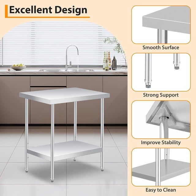 GloryStar Table en Acier Inoxydable, Table de Travail Robuste avec Tablette Inférieure Ajustable, Table de Préparation en Métal à 2 Niveaux pour Cuisine Commerciale, Restaurant, Garages