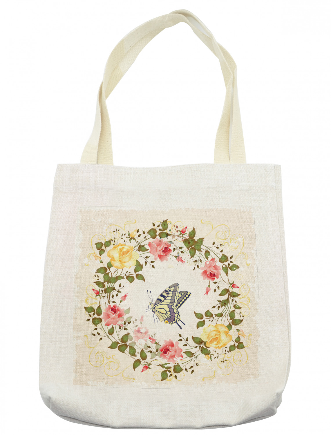 Vintage linen tote bag in faded roses with embroidered handles