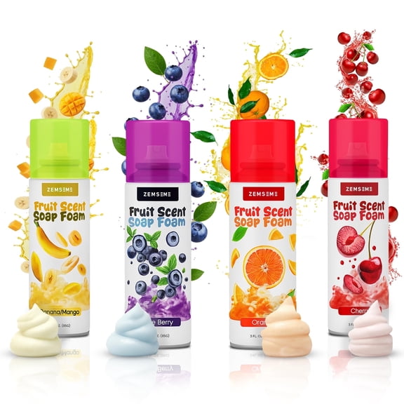 Bath Foam for Kids - 4-Pack - Soft, Fluffly, Gentle & Cleansing Scented Soap - Colorful for Kids to Build Fun Bath Art - Easy Spray Nozzles - Fruity - Cherry, Mango, Blueberry, & Orange -3Oz