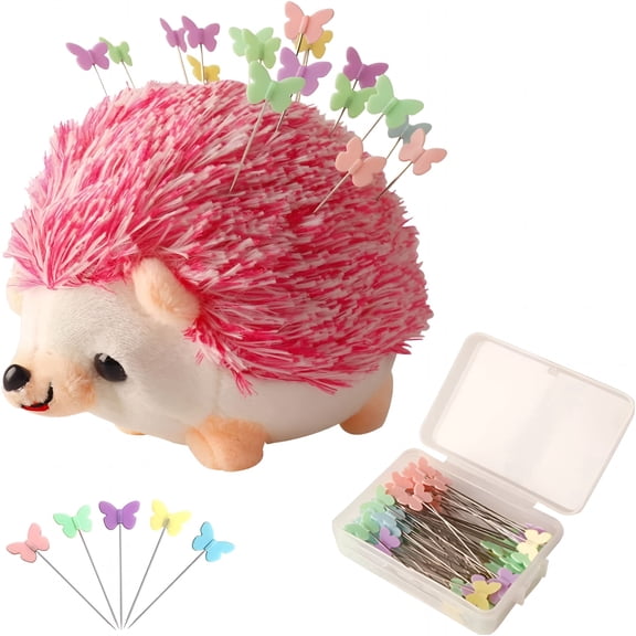 TUWAFE Hedgehog Shape Pin Cushion,Cute Pincushions Sewing Kit Lovely Needle Cushions Pins Holder Sewing Accessories Supplies with 100 Pcs Colored Butterfly Pins for Quilting Diy Crafts