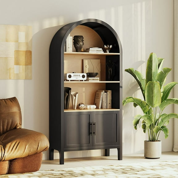MINESTIA 66.7" Tall Arched Bookshelf with Storage Cabinet, Mid-Century Modern 3-Tier Arched Cabinet With Open Display Shelf