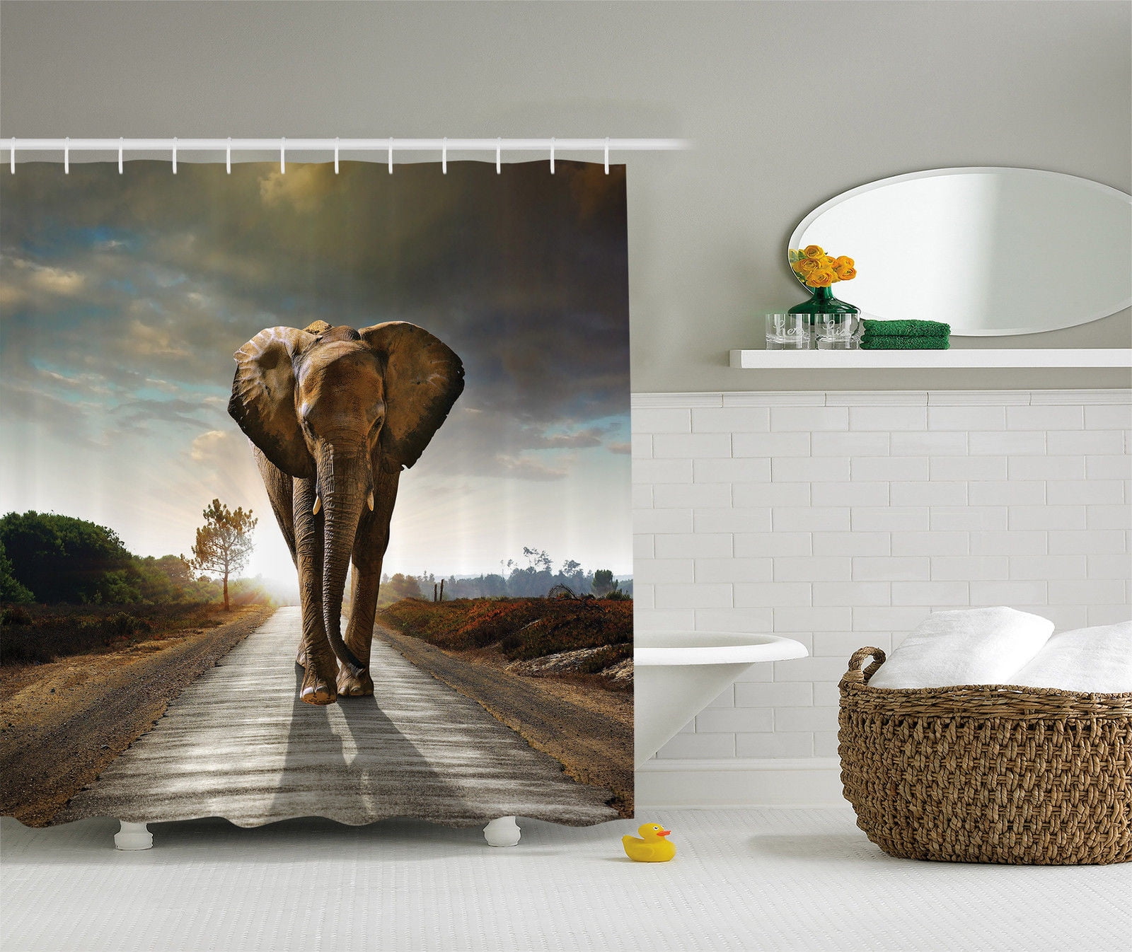 African Decor Elephant Picture Painting Effect Fabric Shower Curtain