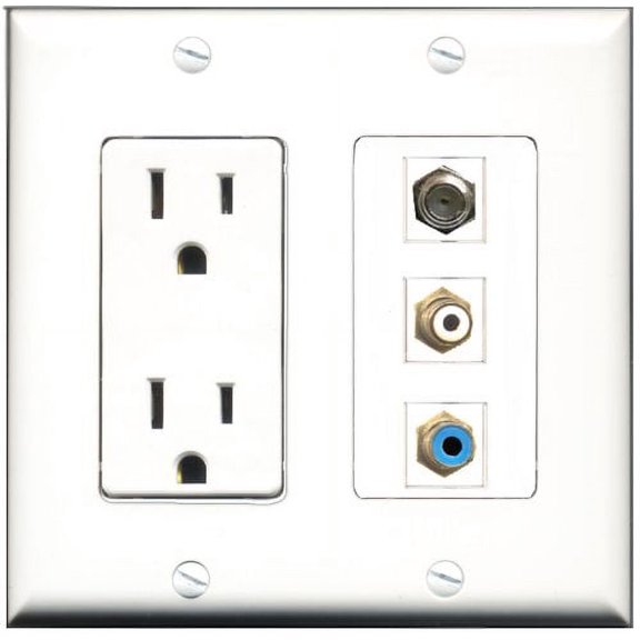 RiteAV - 15 Amp Power Outlet 1 Port RCA White 1 Port RCA Blue 1 Port Coax Decorative Wall Plate