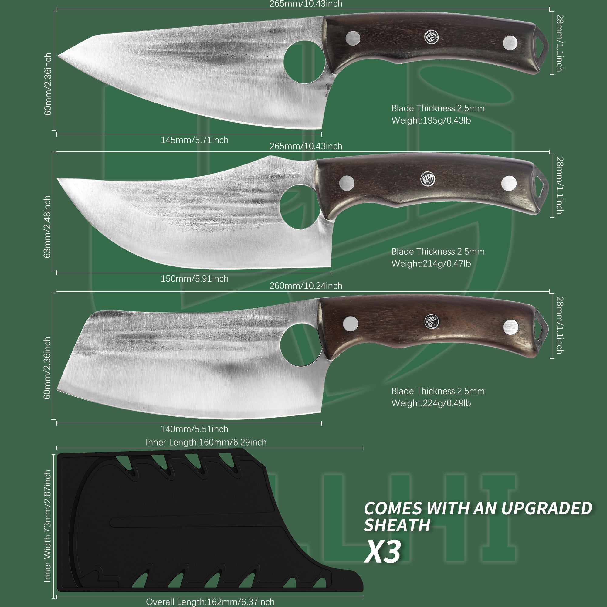 FULLHI Portable 13pcs Butcher Chef Knife Set Green woodhandle High Carbon  Steel Cleaver Kitchen Knife FullTang Vegetable Cleaver Home BBQ Camping  with