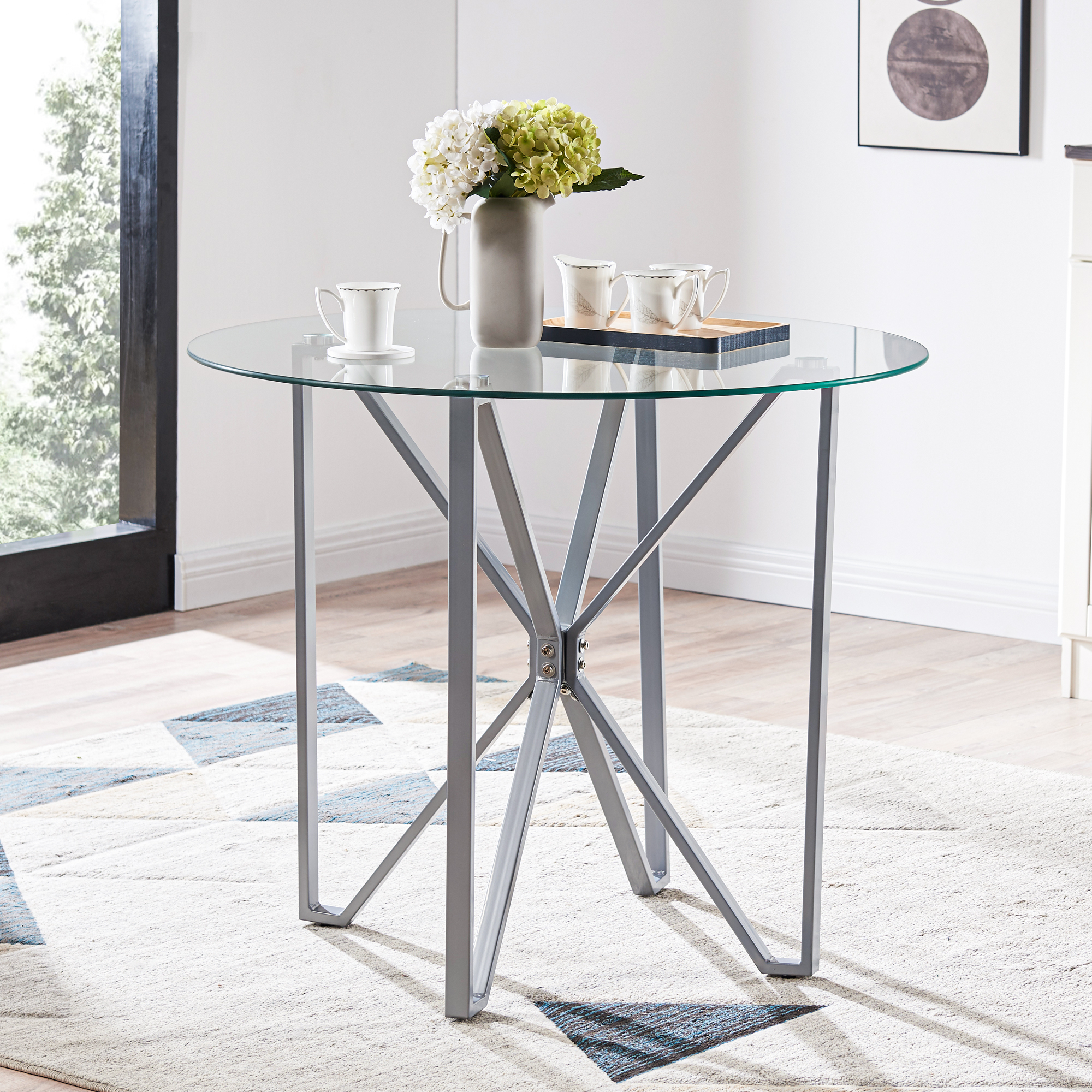 EiweLive Modern Round Glass Dining Table for 2 to 4, Leisure Coffee