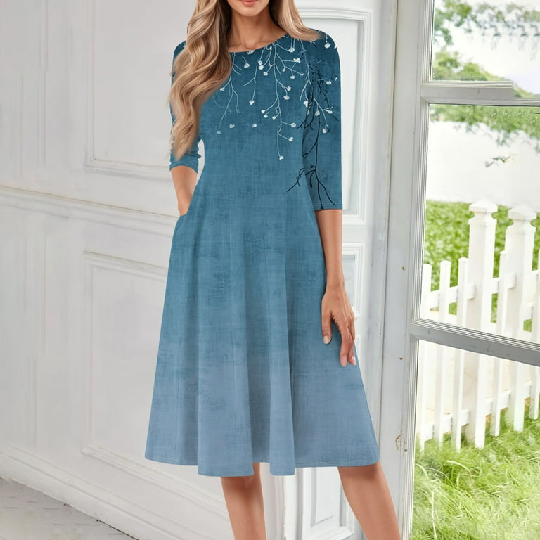 FrzhBrz 3/4 Sleeve Dresses for Women 2025 Casual Cute Midi Dress Round Neck  Cute Printed Loose Fit Midi Dress - Walmart.com