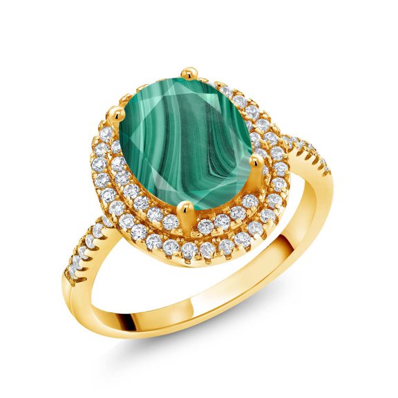 Gem Stone King 18K Yellow Gold Plated Silver Ring Malachite Moissanite (2.93 Cttw)