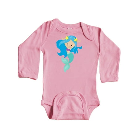 

Inktastic Cute Mermaid With Long Blue Hair Green Tail Gift Baby Girl Long Sleeve Bodysuit