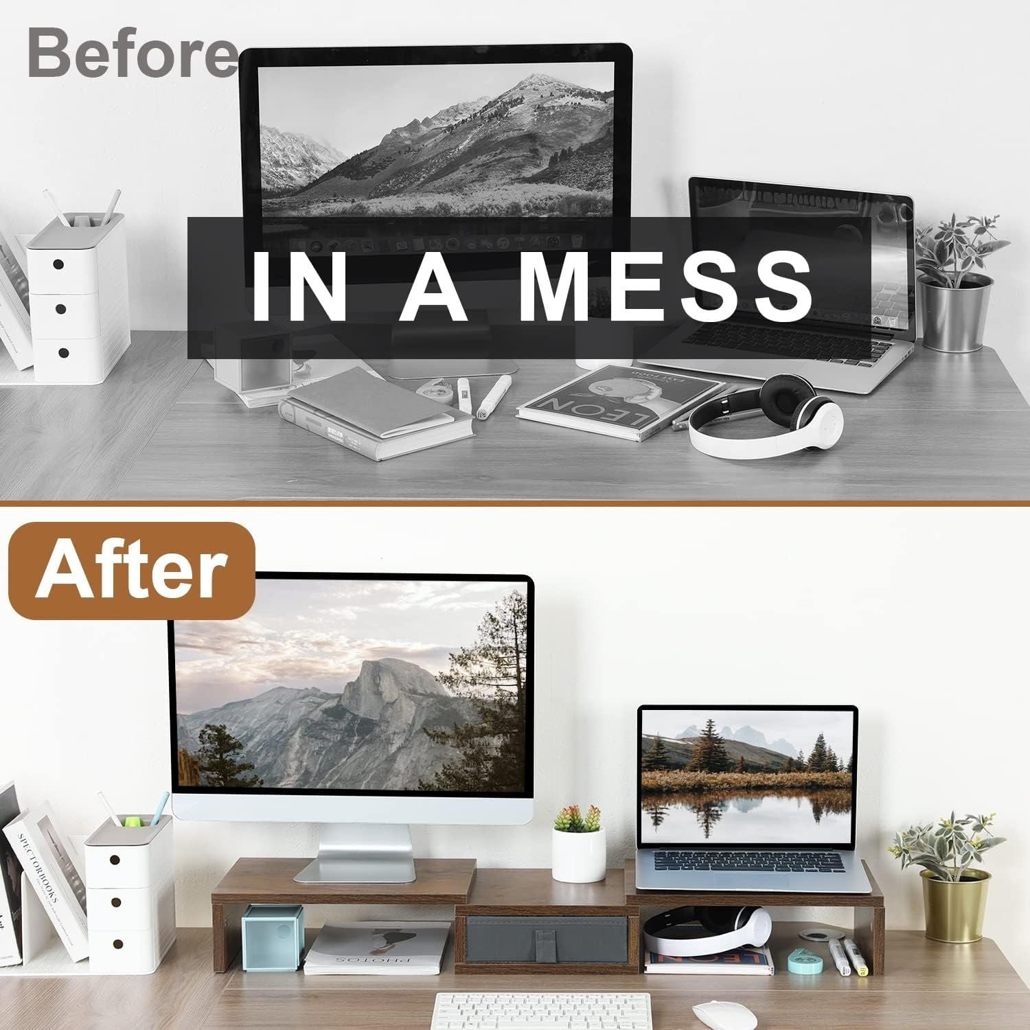 3 Shelf Monitor Stand Riser With Drawer - Length and Angle Adjustable Dual Riser With Storage Corner Desk Shelf Organizer Large Computer Stand for 2 Monitors/Laptop (Brown, 1 Drawer)