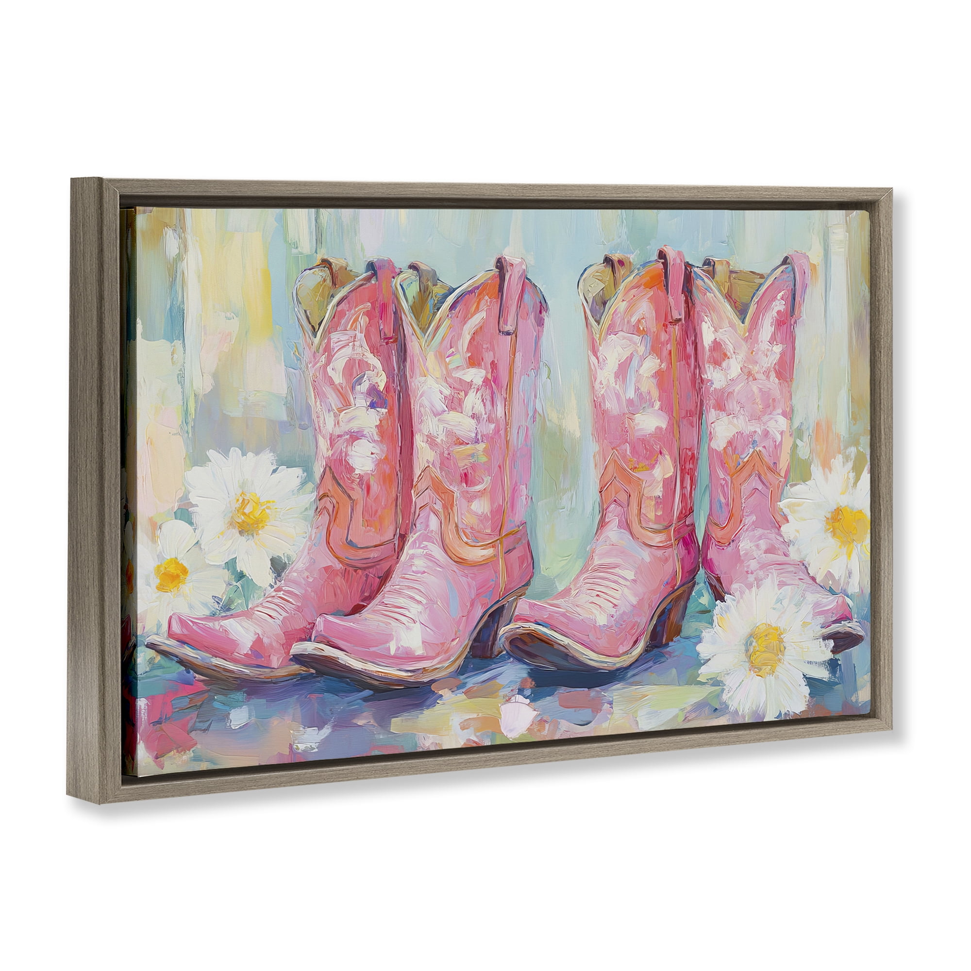 Stupell Industries Pink Cowgirl Boots Pairs Brown Framed Floater Canvas Wall Art, design by Tina LeCour