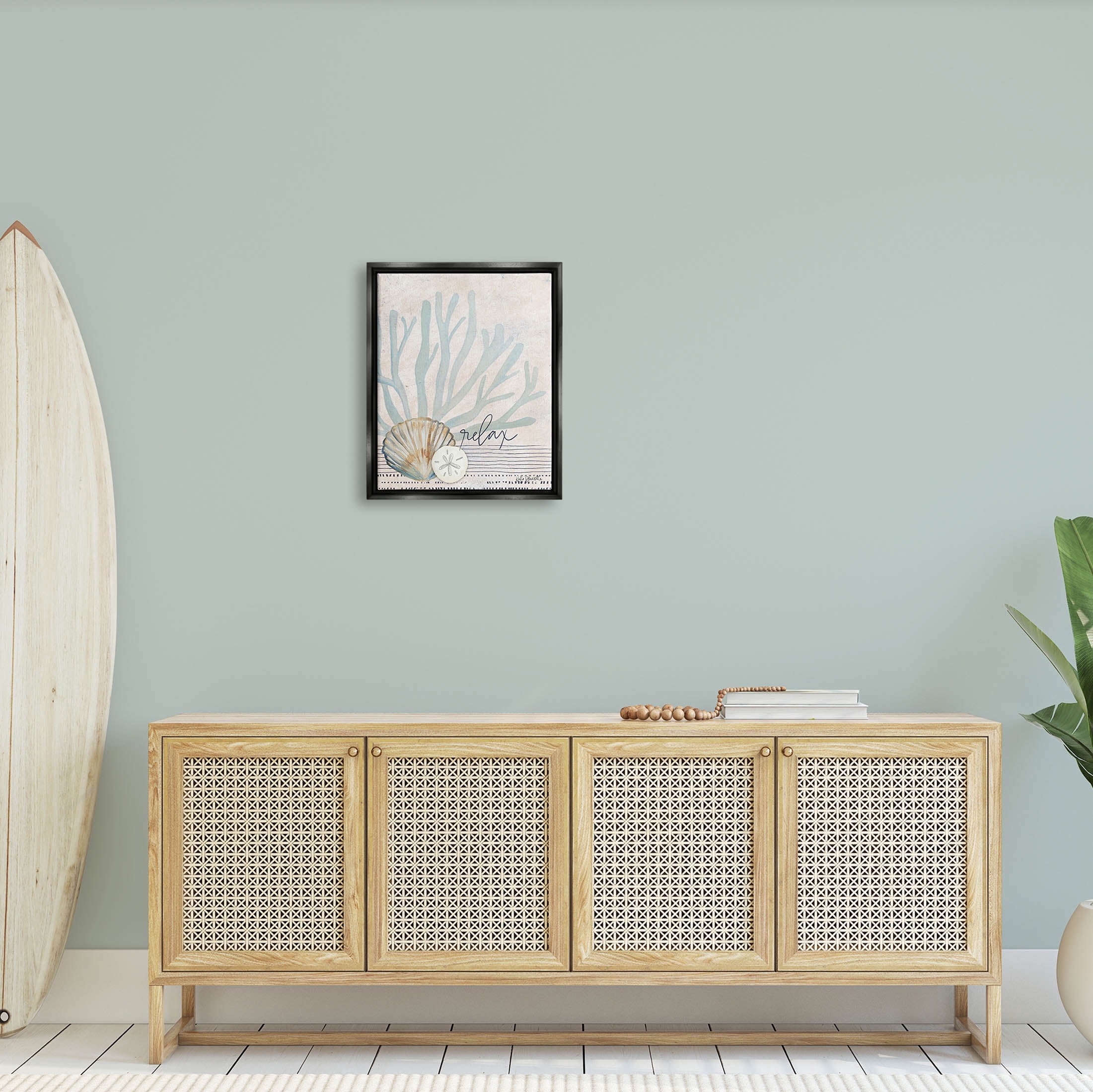 Stupell Industries Striped Sea Life Aquatic Seashells Graphic Art Jet Black Floating Framed Canvas Print Wall Art, Design by Katie Doucette
