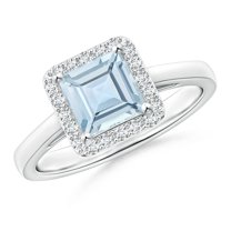 ANGARA Natural Classic Square Aquamarine Halo Ring in 14K White Gold for Women (Size-6mm) | March Birthstone, Birthday, Anniversary, Jewelry Gift for Women | Natural Aquamarine Ring