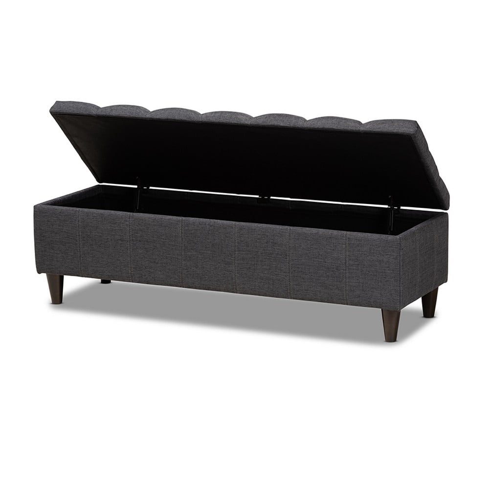 Brette Mid-Century Modern Charcoal Fabric Upholstered Dark Brown Finished Wood Storage Bench Ottoman