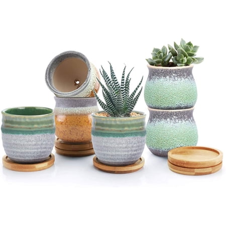 2.5 Inch Small Ceramic Succulent Pots with Bamboo Tray Set of 6 ...