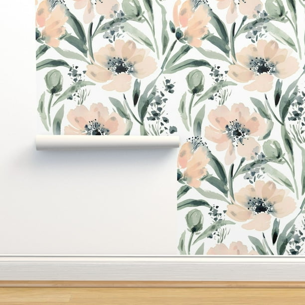 Peel & Stick Wallpaper Swatch - Big Neutral Floral Flowers Watercolor