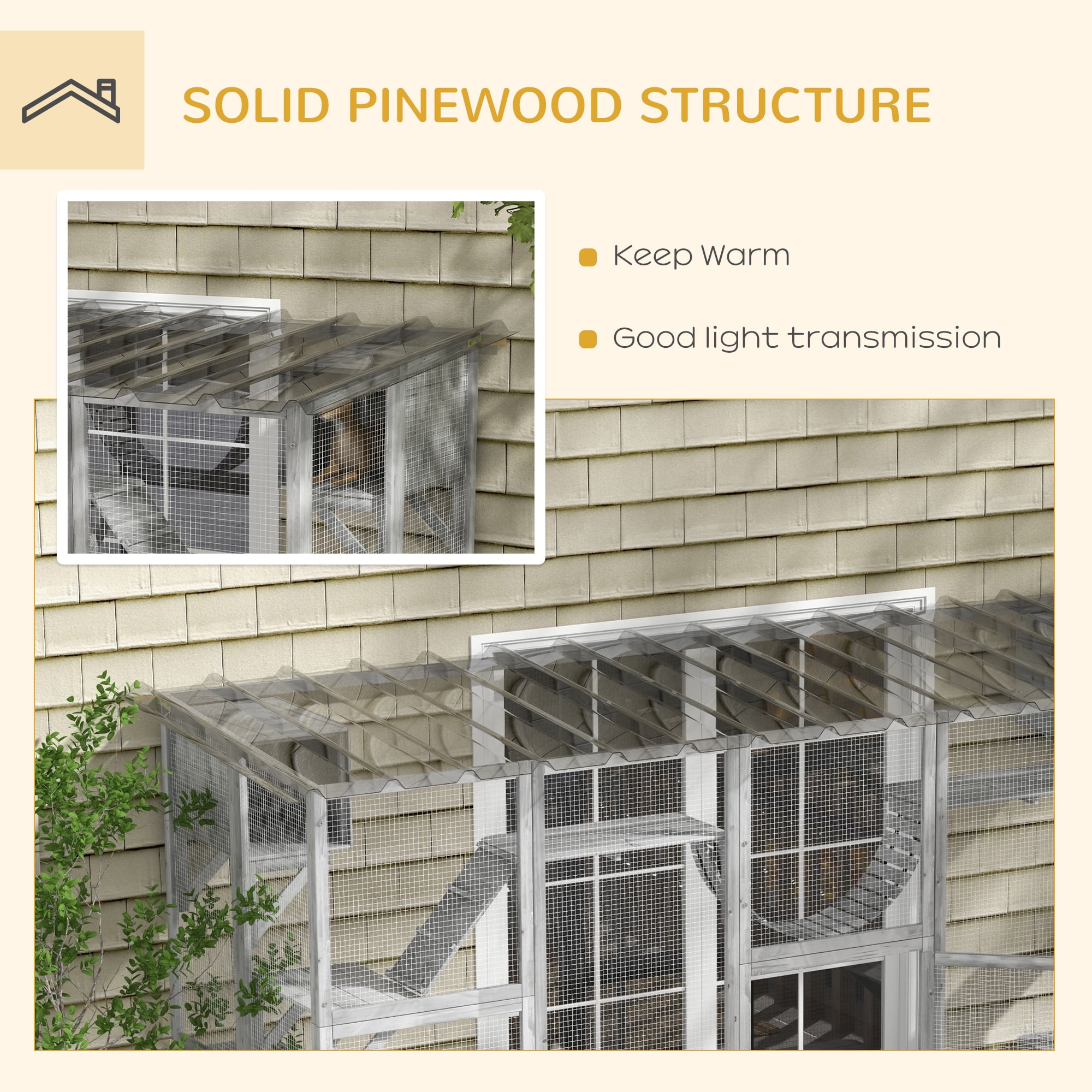 PawHut Catio Playground Outdoor Cat Enclosure, Wooden Outdoor Cat House Weatherproof for Multiple Cats, Shelves & Bridges, Gray