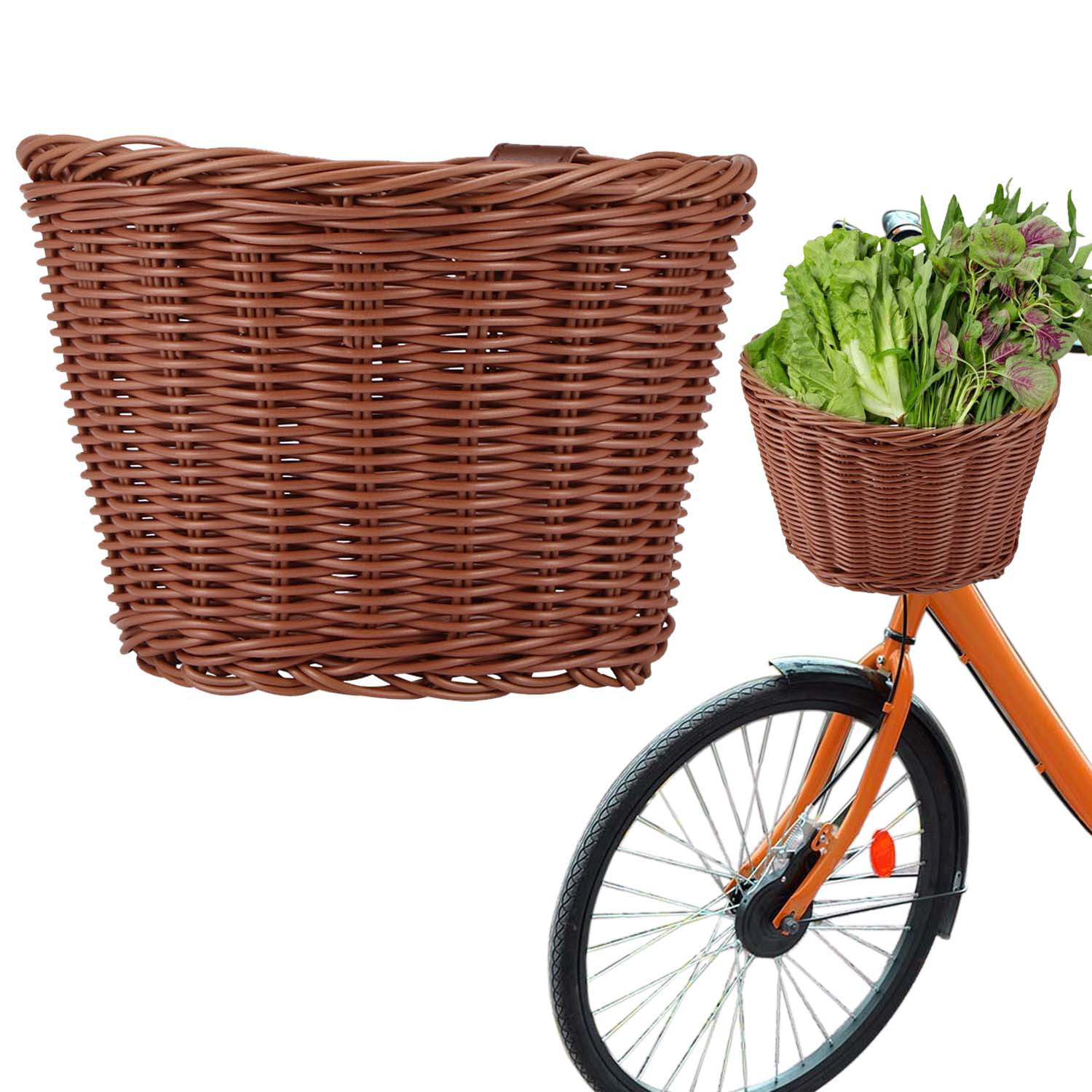 Water Resistant Bicycle Wicker Storage Basket with Leather Straps Front Handlebar Hand-Woven bike Basket Wicker D-Shaped Bike Basket universal Bike Accessories