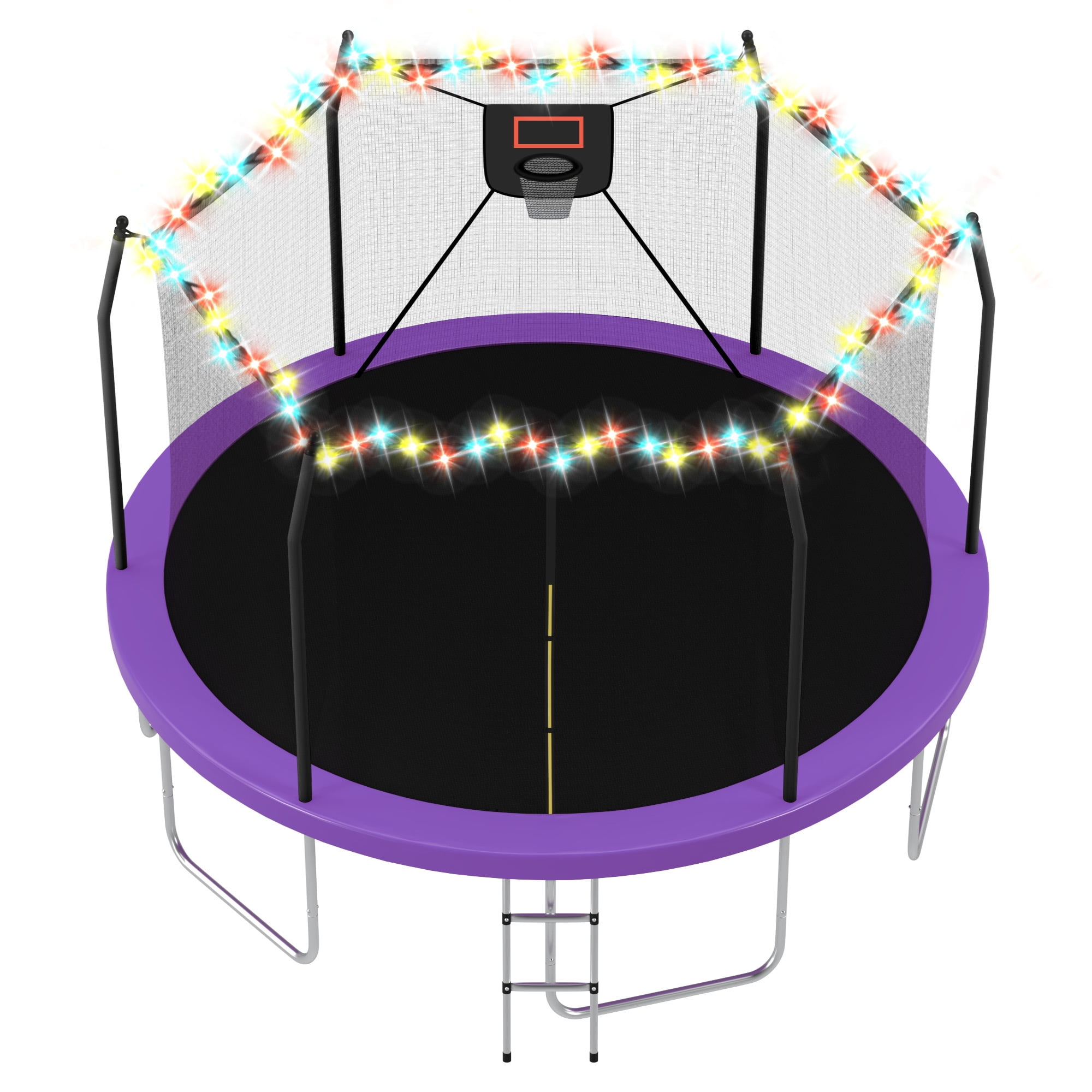 Arspjes 14FT Trampoline with Basketball Hoop and Lights, Outdoor Recreational Trampoine for Kids and Adults,Purple