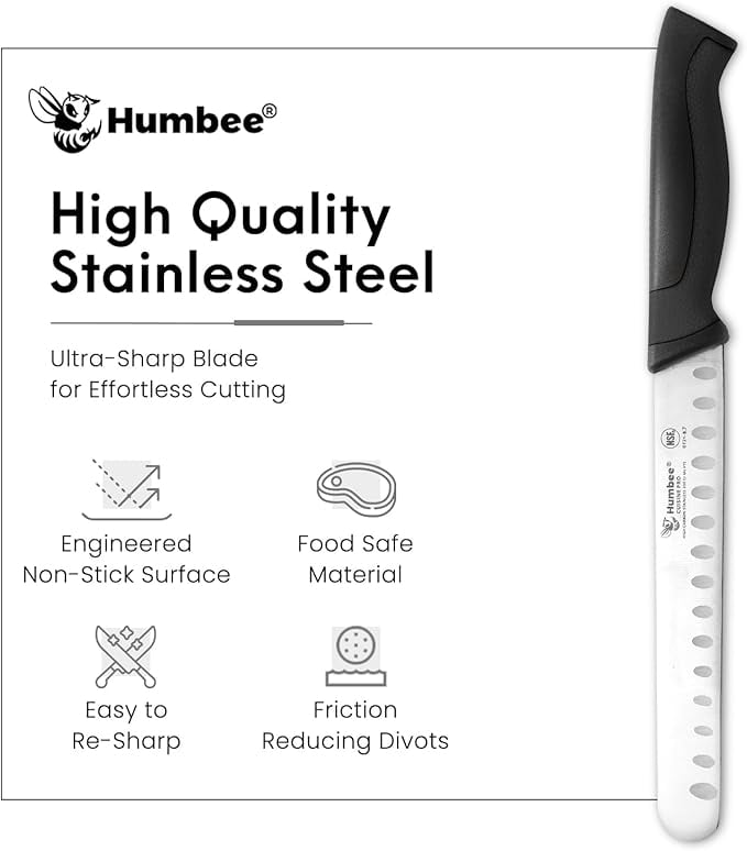 Humbee Chef Carving Knife 8-Inch with Granton Edge for Turkey Ham Meat Slicing and cutting NSF Certified DT-21 Series, Black