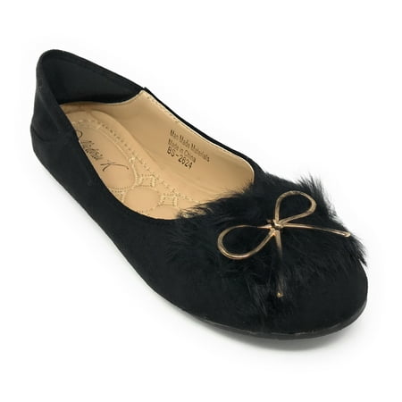 

Victoria K Women s Foldover Sueded Faux Fur Gold Bow Ballerina Flats
