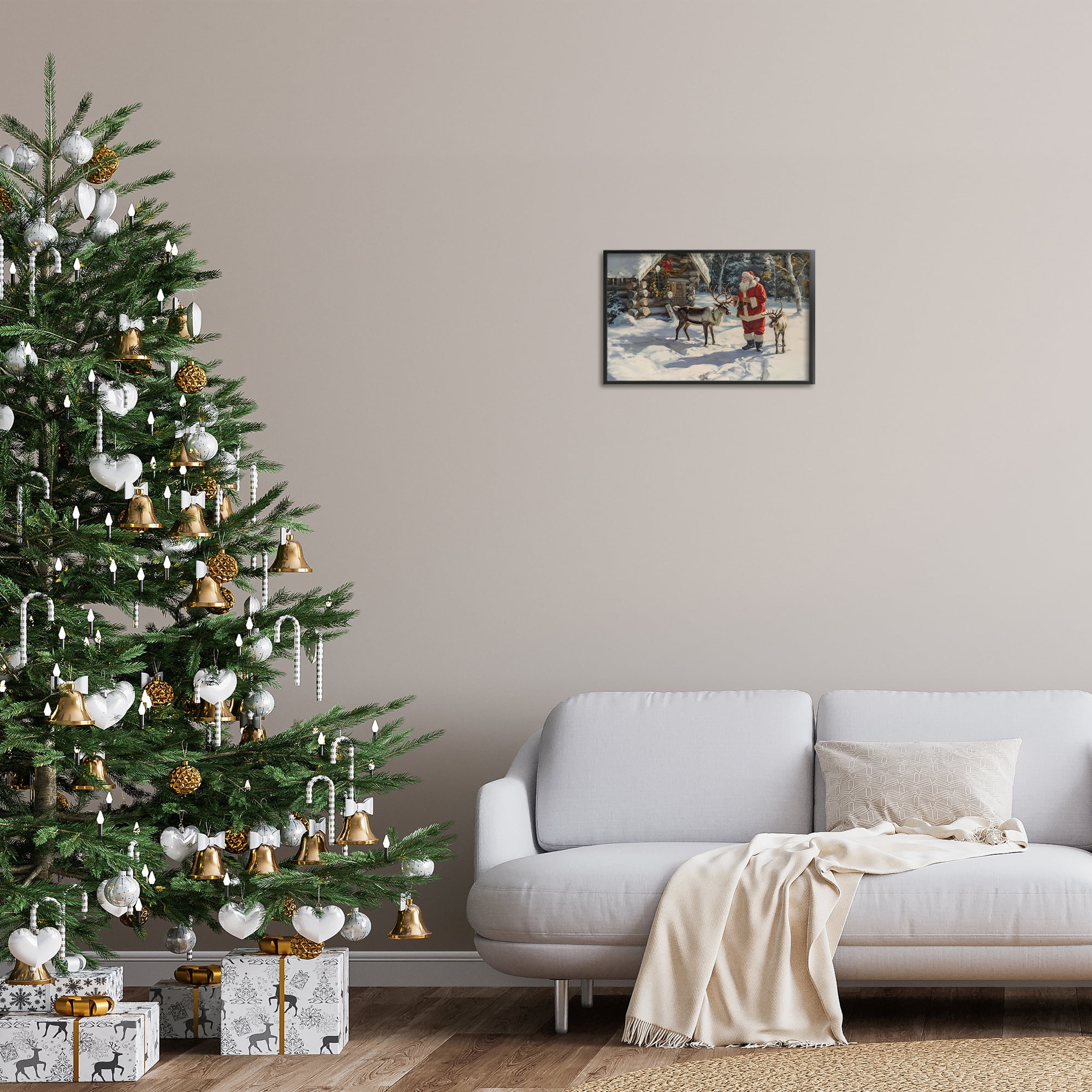 Stupell Industries Santa & Reindeer Scene Holiday Painting Black Framed Art Prints Wall Art, 18 x 12
