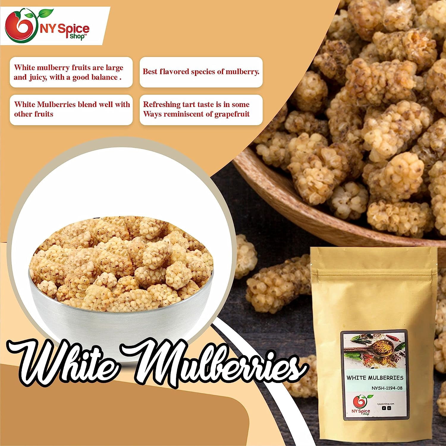 NY SPICE SHOP White Dried Mulberry – 5 Pound All Natural & Sun-Dried Mulberries - Delicious Healthy Berries