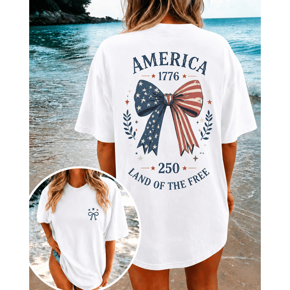 Women’s American Flag Bow Graphic T-Shirt 1776 Patriotic Summer Casual Tee