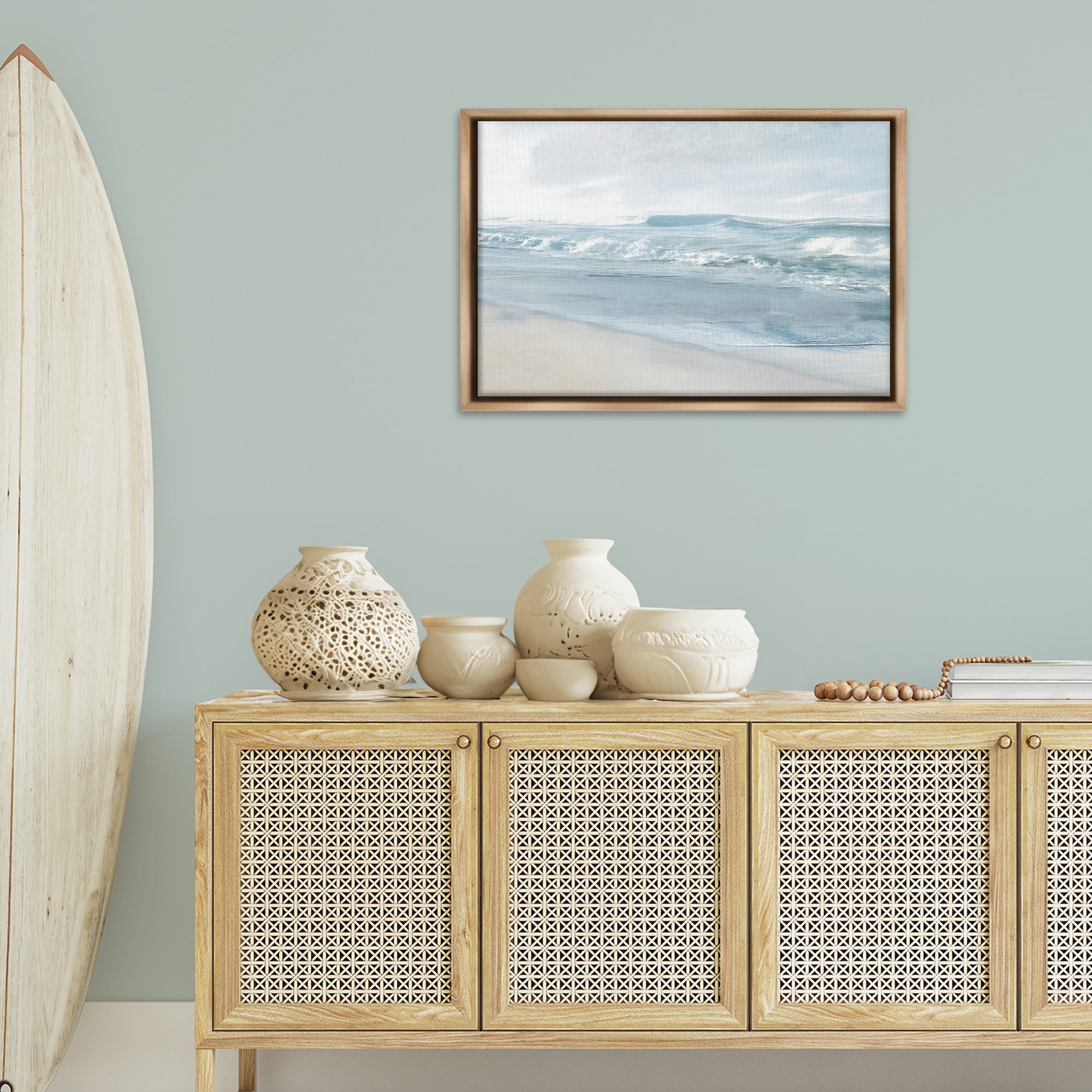 Stupell Industries Calm Blue Beach Waves Nautical & Beach Painting Brown Floater Framed Canvas Art Print Wall Art, 31 x 21