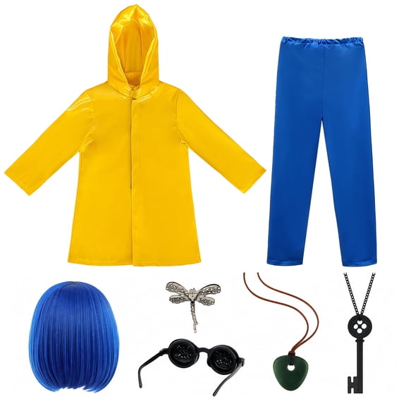 Halloween Yellow Raincoat Costume with Blue Pants Wig and Accessories for Dress Up Cosplay Party