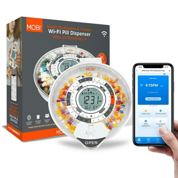 MOBI Connect Wi-Fi Smart Automatic Pill Dispenser with App Alerts & Alarms, 28-Day Medication Organizer, Locked & Tamper-Resistant, Expandable with MOBI Health Devices for Overall Health Management