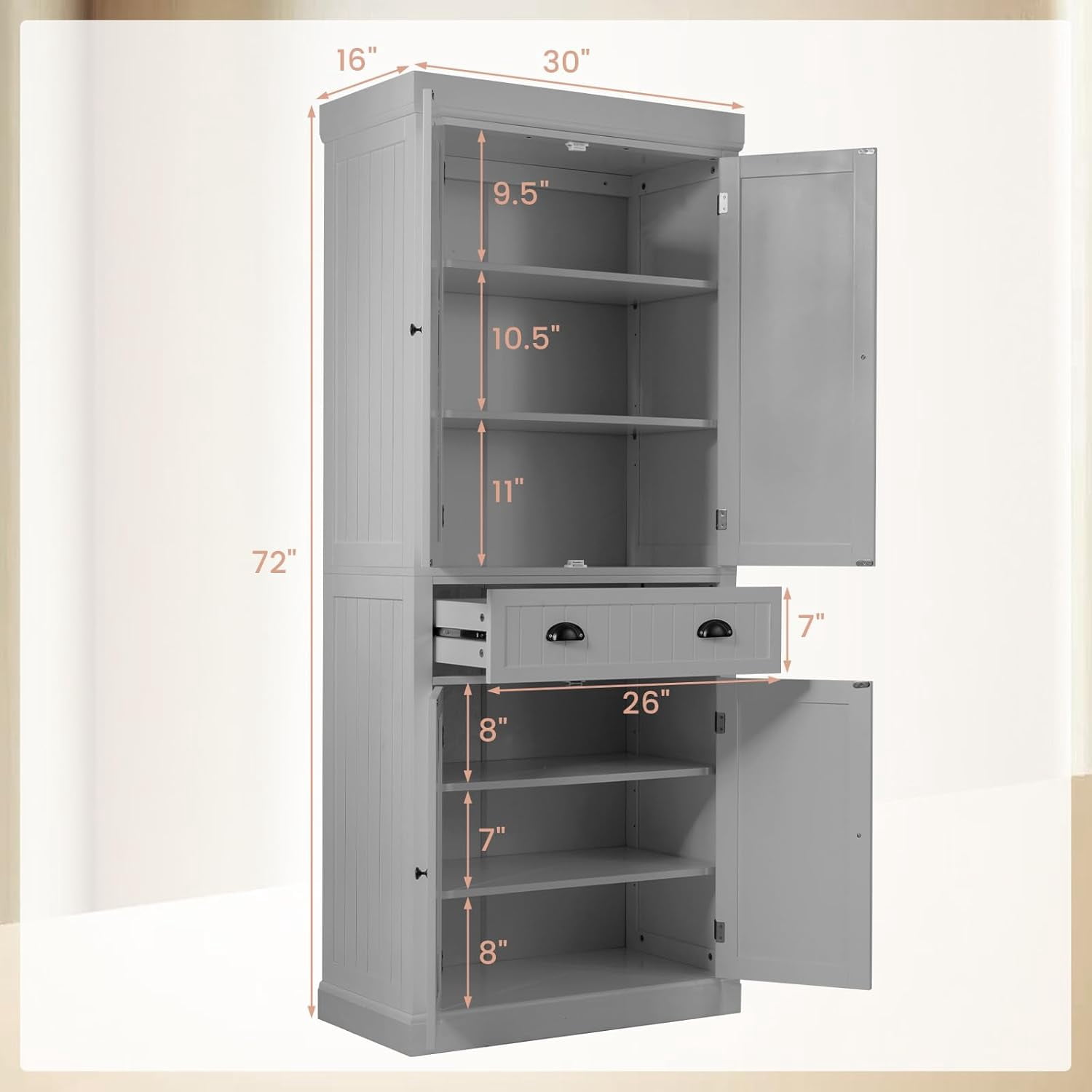 Traditional Kitchen Pantry Cabinet, Kitchen Cupboard with Double-Doors, Large Drawer and Adjustable Shelves for Dining Room, Bathroom