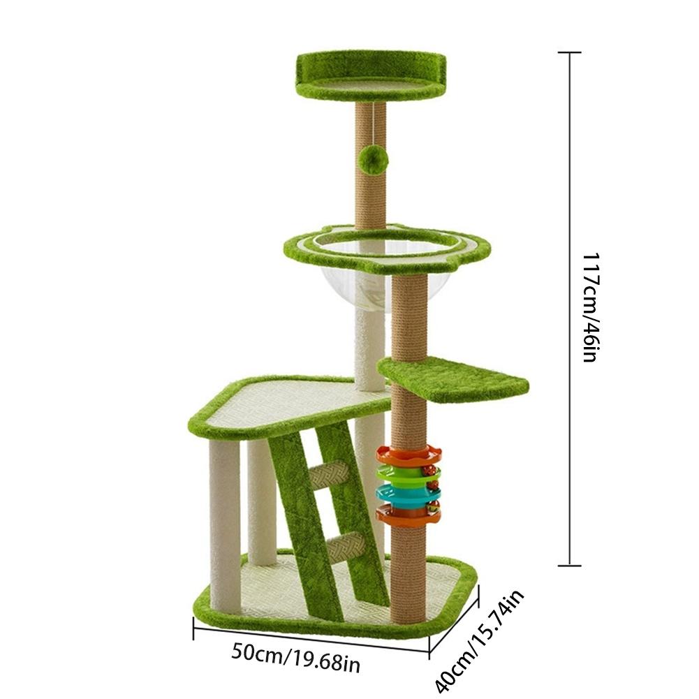 46in Cat Tree Tower, 3 Level Green Style Cat Tree, with Stairs, Cat Sleep Bowl, Small Cat Ball Rolling Toy, and Scratching Post, Multifunction Cat Tree