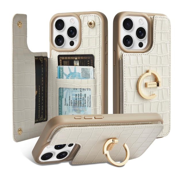 Funda tipo cartera CUSTYPE para iPhone 16 Pro Max con tarjetero, color beige