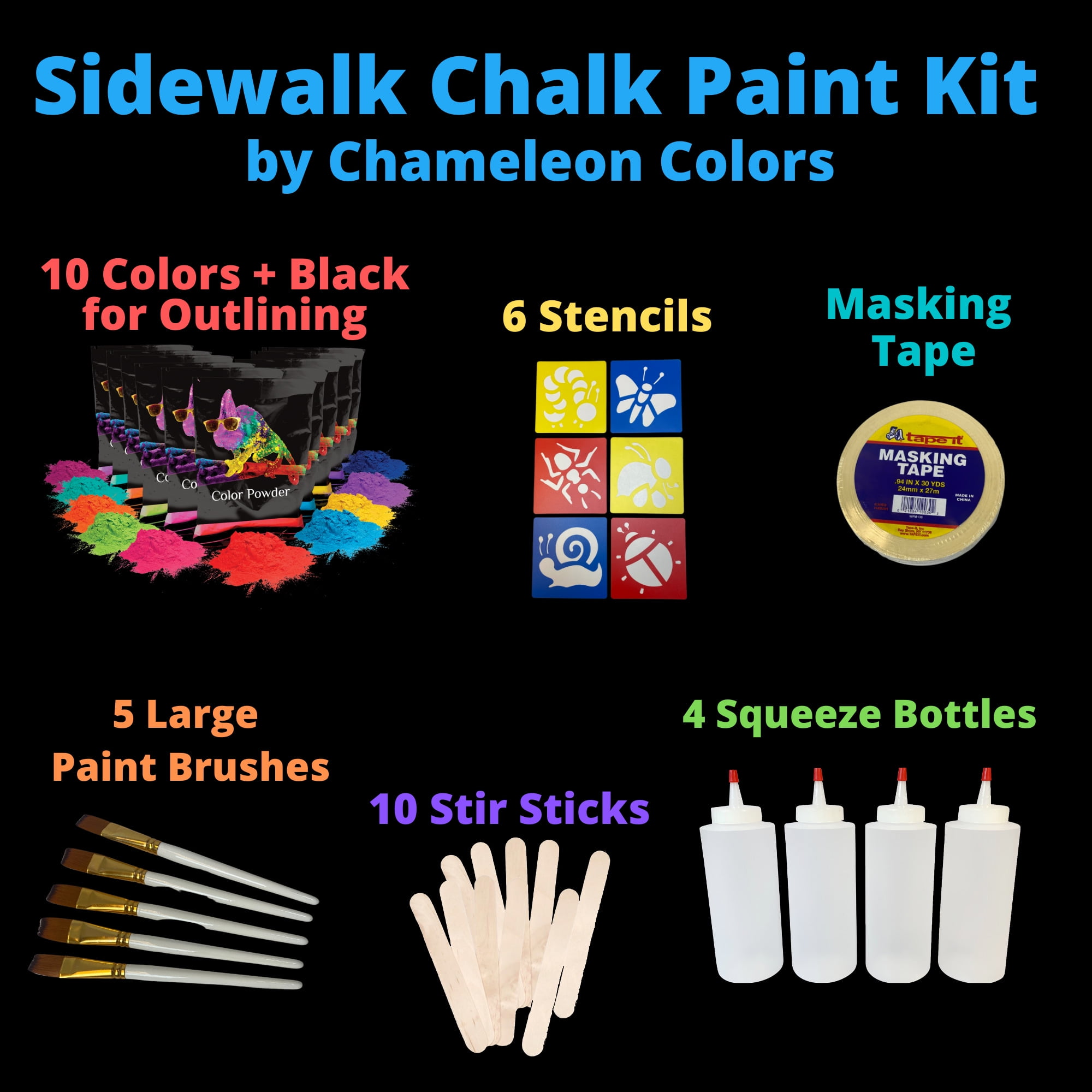 Chameleon Colors Ultimate Sidewalk Chalk Paint Kit, Outdoor Chalk Paint Kit for Kids, 11 Vibrant Colors and Stenciling Supplies