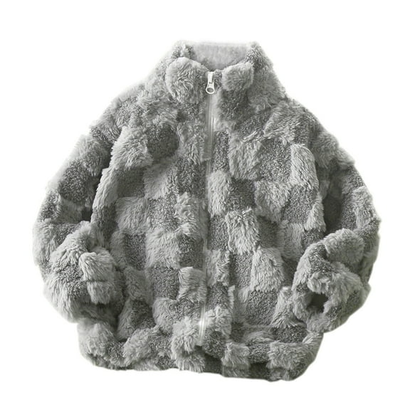 nerohusy Kids Winter Warm Plush Coat Trendy Sherpa Plaid Jackets Zip Up Coats Boy Girls' Clothing Fleece Stand Collar Outwear 2-14 Years Gray,110