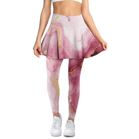 COEQINE Women Ruffle Pleated Tennis Skirted Legging with Pockets Pink yellow Marble Pattern Fashion Yoga Skirts with Leggings for Women Breathable Golf Pickleball Leggings L