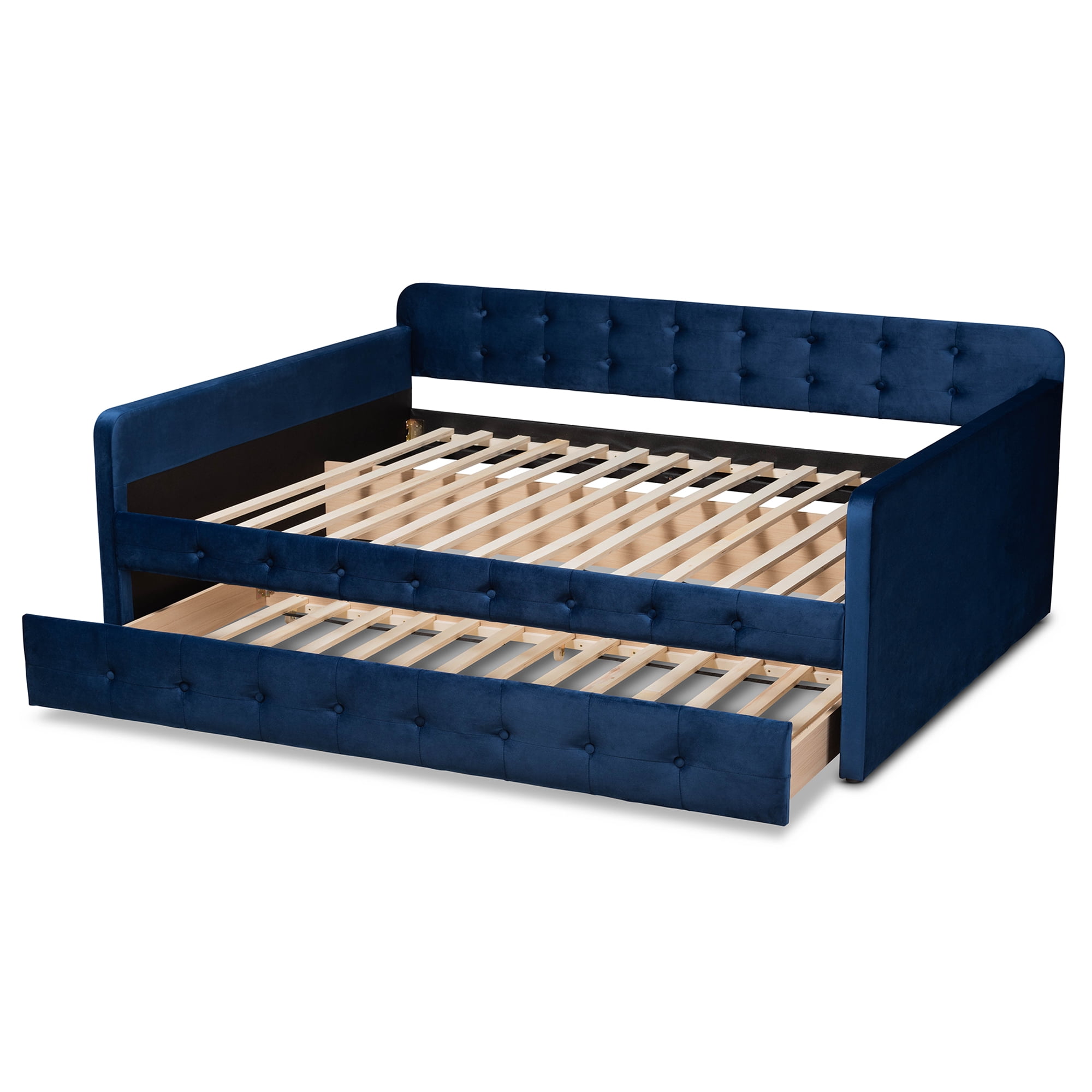 Baxton Studio Jona Kids Modern Daybed with Roll-out Trundle, Navy Blue/Velvet