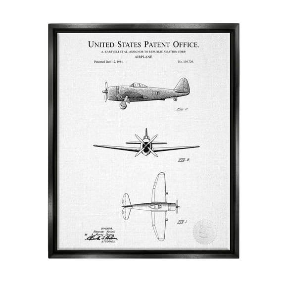 Stupell Industries Detailed Patent US Airplane Graphic Art Jet Black Floating Framed Canvas Print Wall Art, Design by Karl Hronek