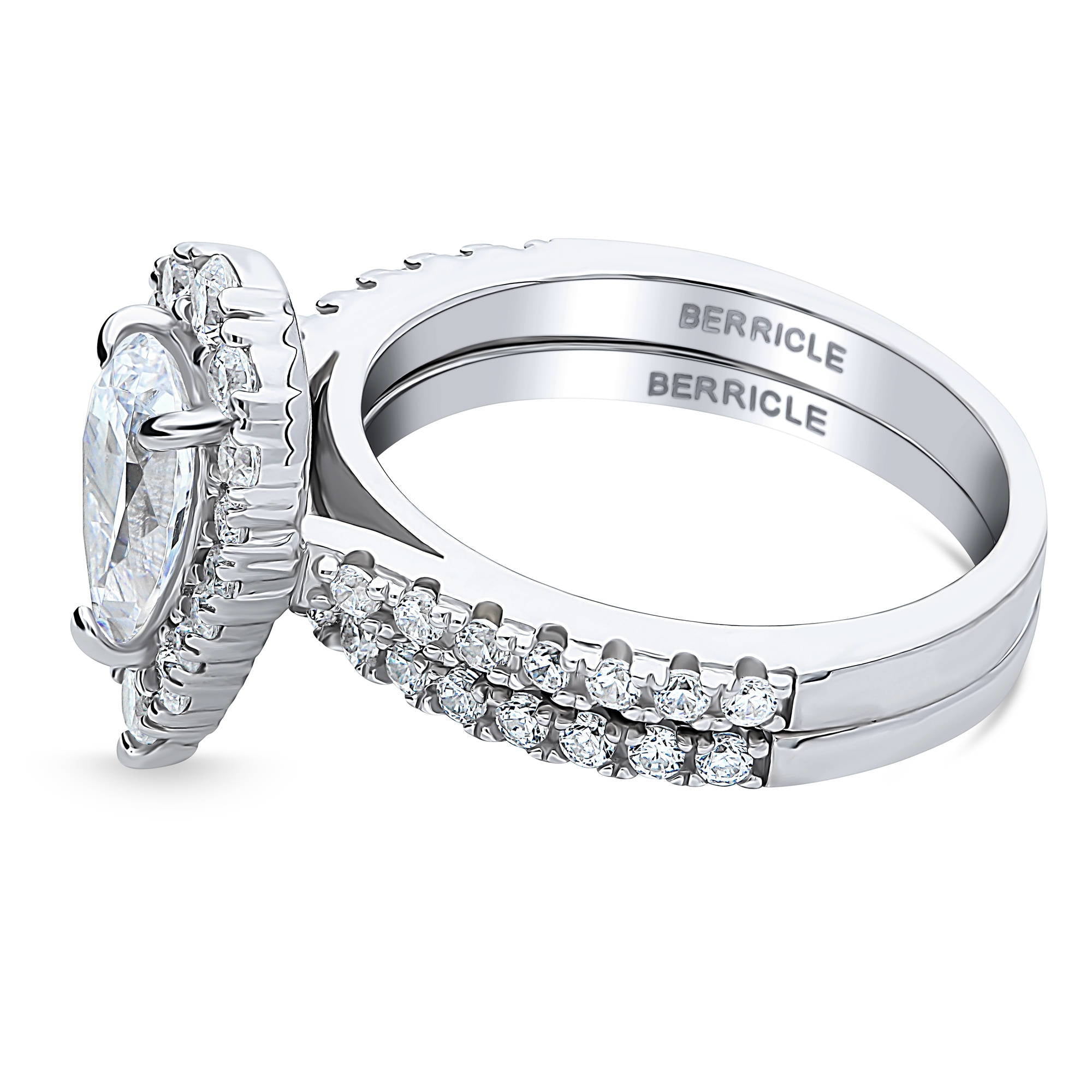 BERRICLE Sterling Silver Halo Wedding Engagement Rings Pear Cut Cubic Zirconia CZ Ring Set for Women, Rhodium Plated Size 6