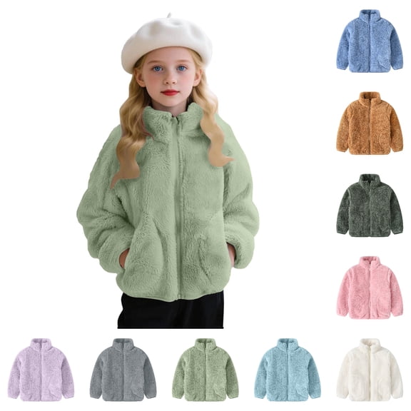 SSYGGI Girls Fuzzy Fleece Zip Up Jacket, Kids Stand Collar Sherpas Fleece Coat, Fall Winter Soft Warm Plushes Casual Outerwear with Side Pockets